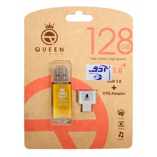فلش QUEEN TECH USB3.0 مدل +QUICK ظرفیت 128 گیگابایت به همراه تبدیل OTG TYPE-C