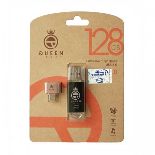 فلش QUEEN TECH USB3.0 مدل +QUICK ظرفیت 128 گیگابایت به همراه تبدیل OTG MICRO