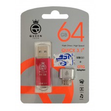 فلش QUEEN TECH USB3.1 مدل +QUICK ظرفیت 64 گیگابایت به همراه تبدیل OTG MICRO