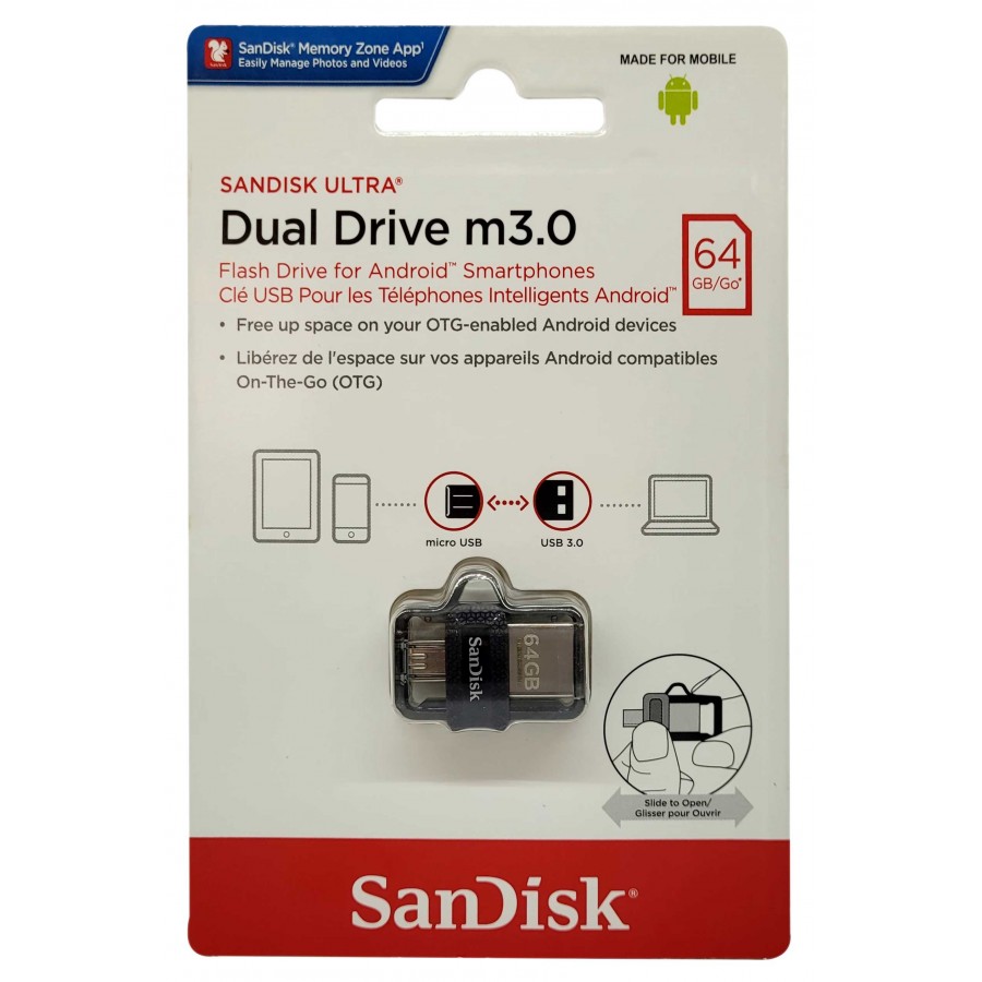 فلش مموری SanDisk Micro USB OTG مدل Dual Drive M3.0 USB3.0 با ظرفيت 64 گيگابايت