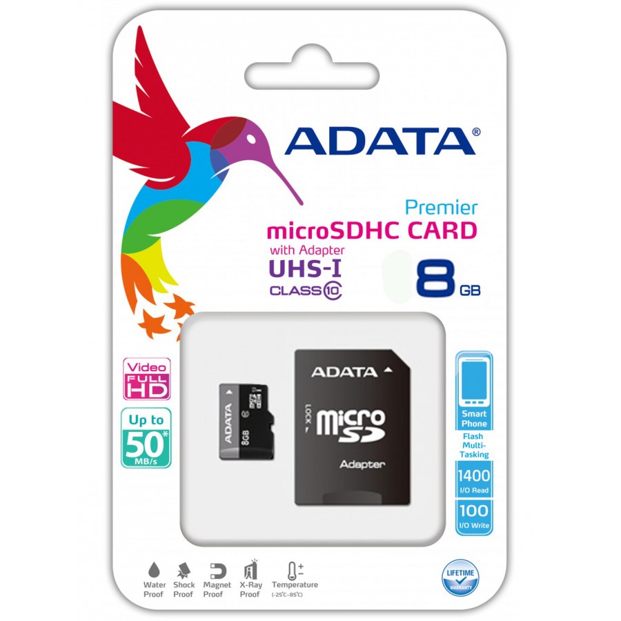 کارت حافظه رنگی Adata 8G کلاس 10 سرعت ADAPTER + 50M/S