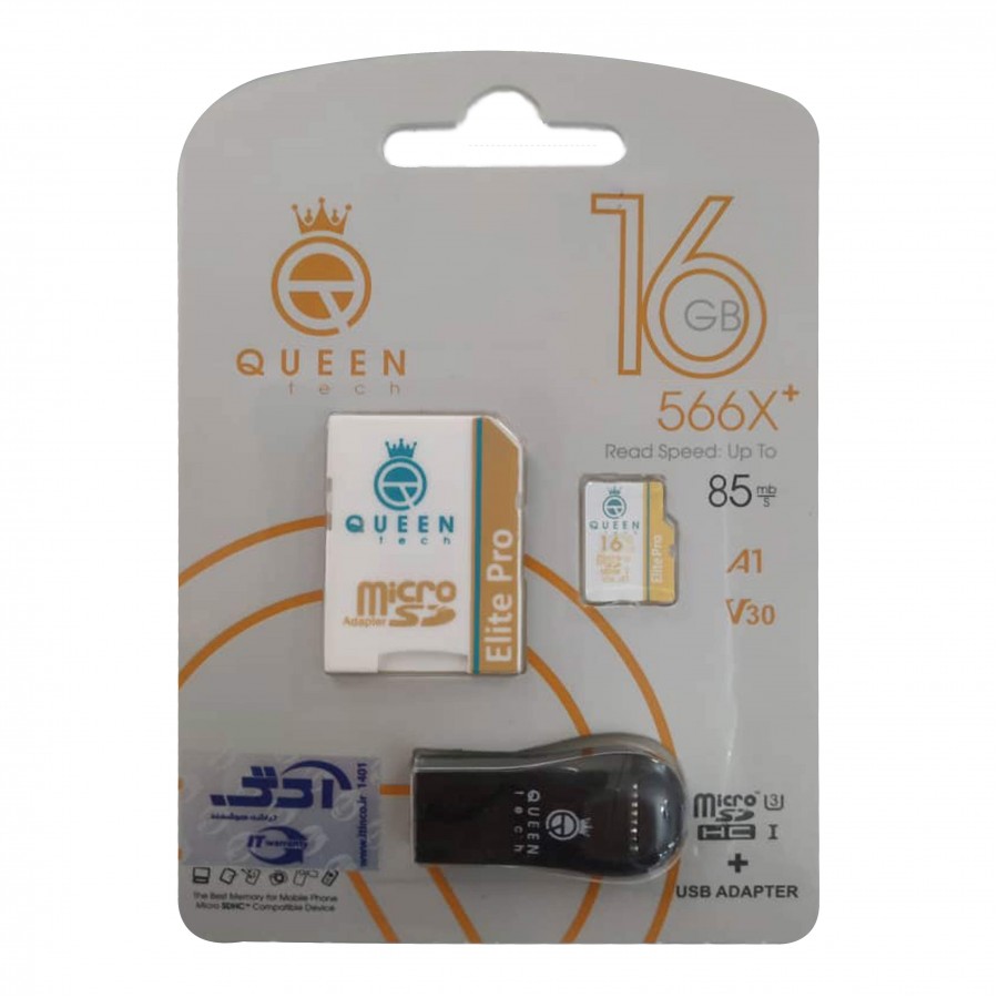 کارت حافظه QUEEN TECH 16G کلاس 10 سرعت 85MB/s همراه با آداپتور و رم ریدر کارت حافظه QUEEN TECH 16G کلاس 10 سرعت 85MB/s همراه با آداپتور و رم ریدر