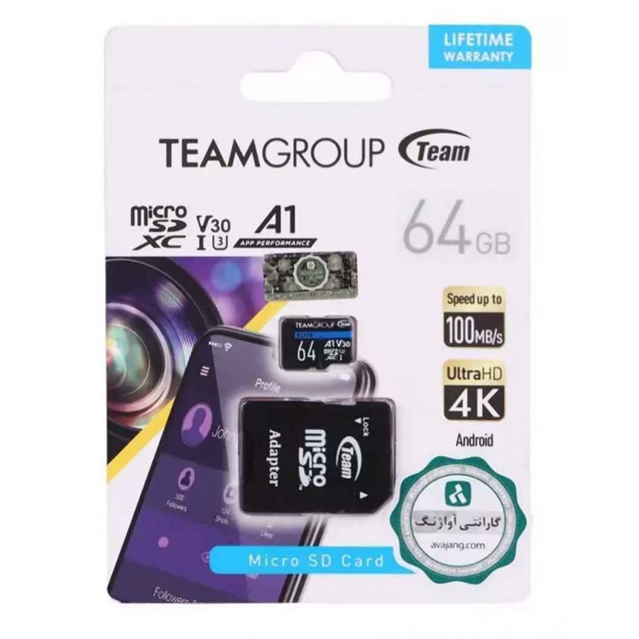 کارت حافظه TEAMGROUP 64G U3 کلاس 10 سرعت 100MB همراه با آداپتور