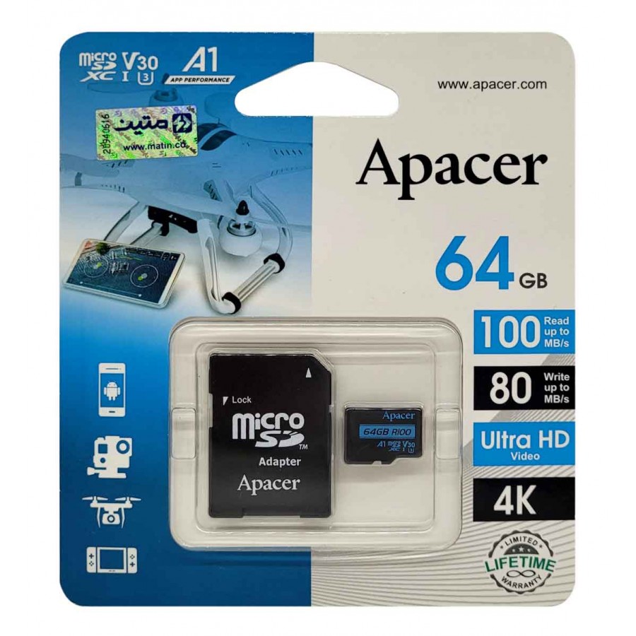 کارت حافظه APACER 64GB U3 سرعت 100MB/s به همراه آداپتور