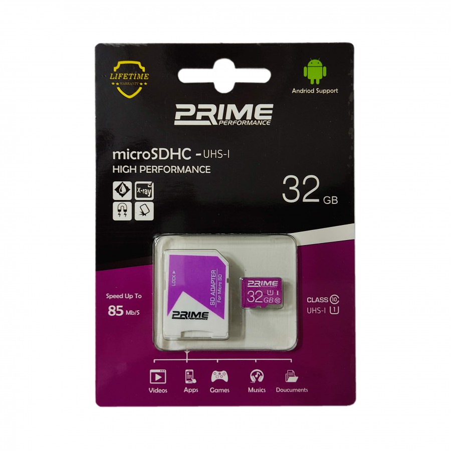 کارت حافظه Prime 32G کلاس 10 U1 سرعت 85MB/s همراه با آداپتور