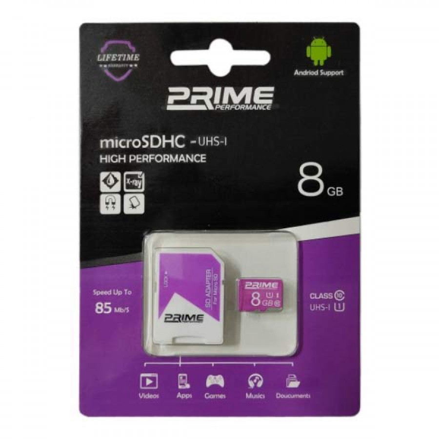 کارت حافظه Prime 8G کلاس 10 U1 سرعت 85MB/s همراه با آداپتور