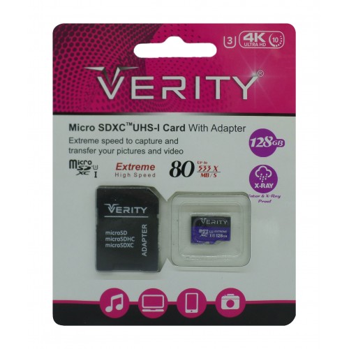 کارت حافظه VERITY 128G U3 کلاس 10 سرعت 80MB/s همراه با آداپتور 