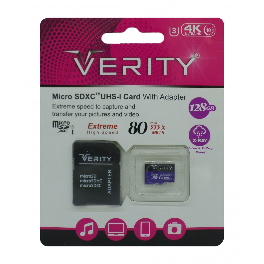 کارت حافظه VERITY 128G U3 کلاس 10 سرعت 80MB/s همراه با آداپتور 