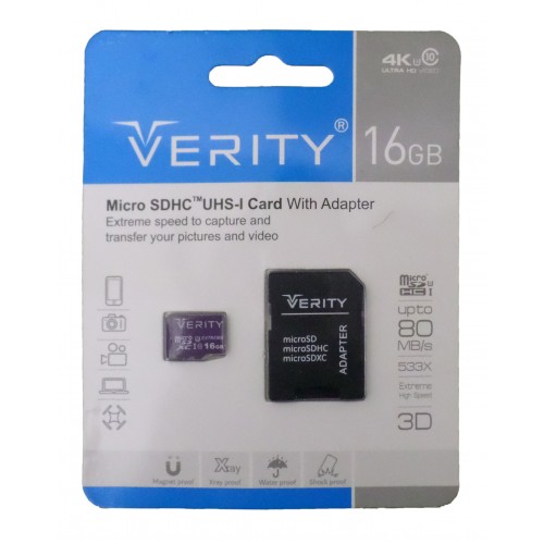 کارت حافظه VERITY 16G U3 سرعت 80MB/s همراه با آداپتور
