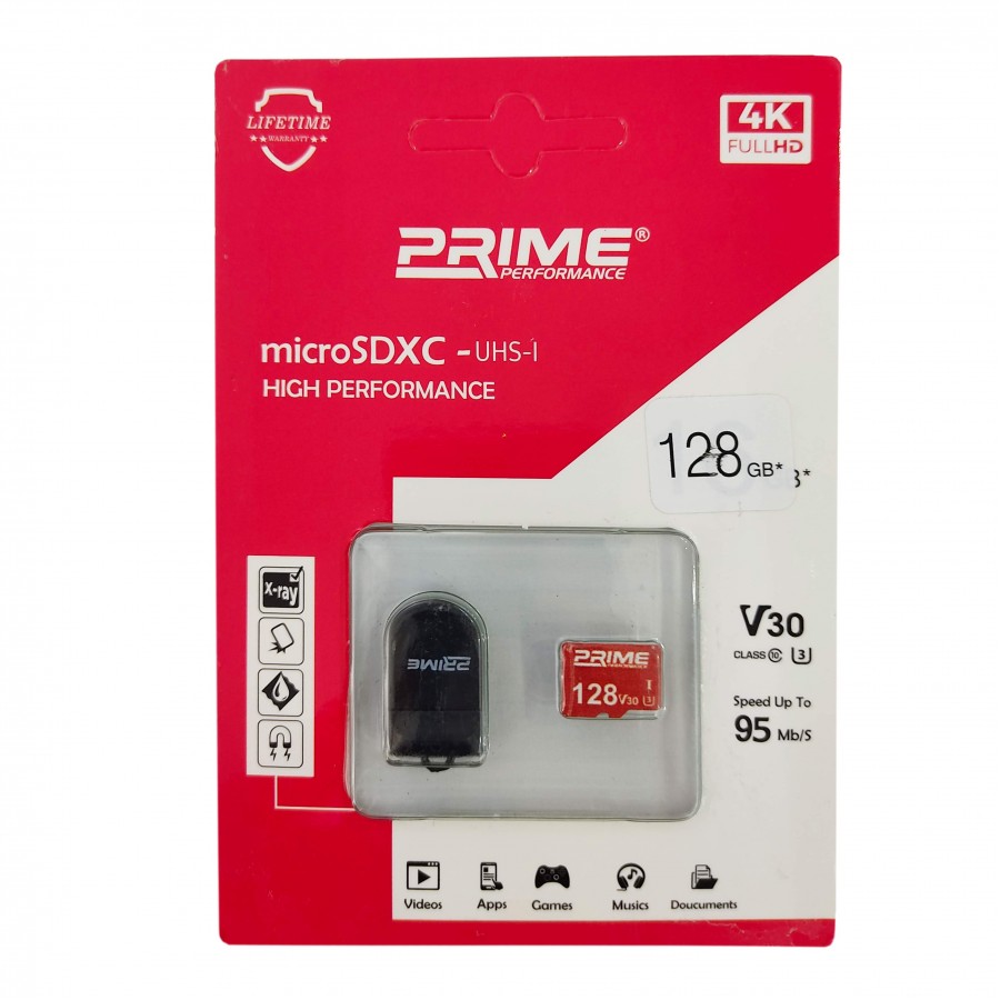 کارت حافظه Prime 128G کلاس 10 U3 سرعت 95MB/s همراه با رم ریدر