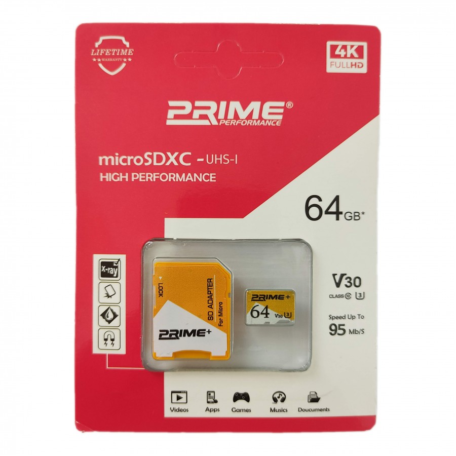 کارت حافظه PRIME 64GB U3 کلاس 10 سرعت 95MB/s همراه با آداپتور