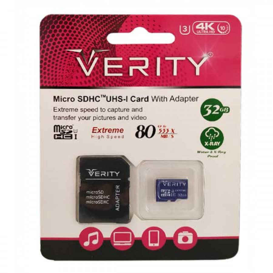 کارت حافظه VERITY 32G U3 کلاس 10 سرعت 80MB/s همراه با آداپتور