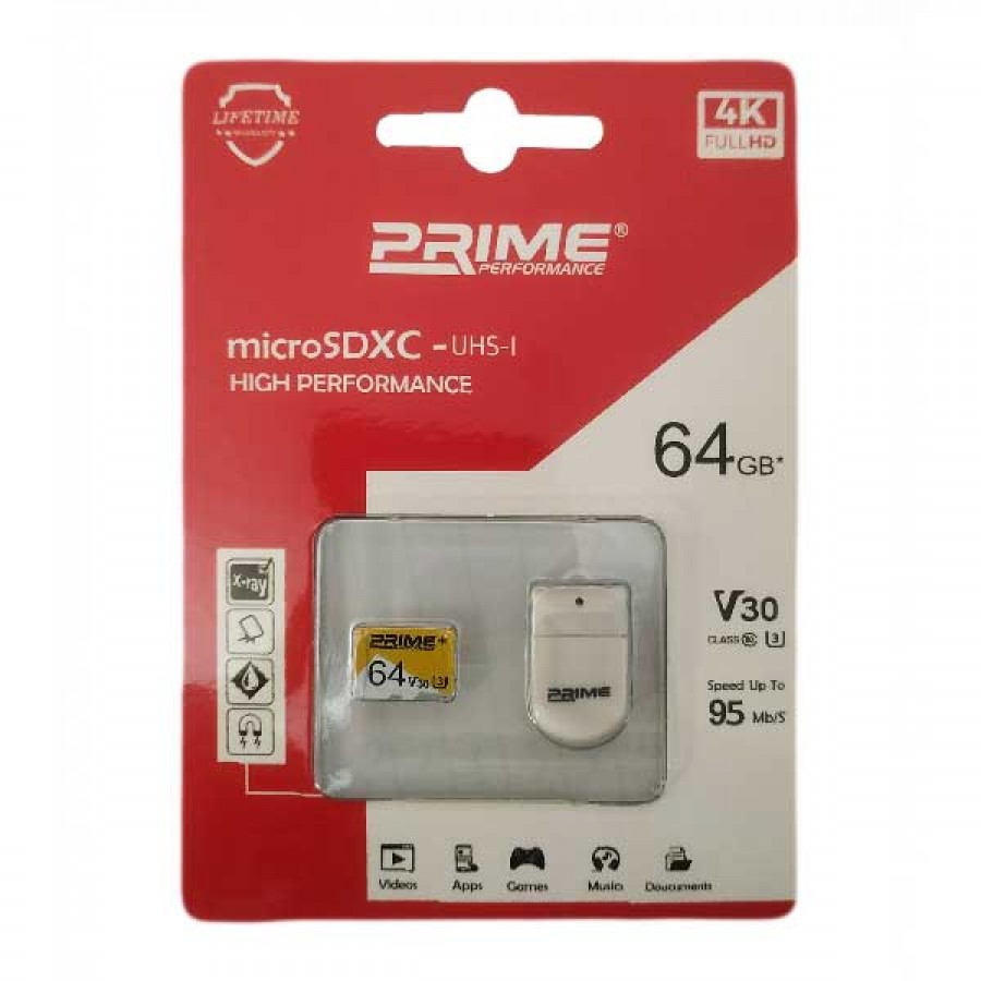 کارت حافظه Prime 64G U3 سرعت 95MB/s همراه با رم ریدر