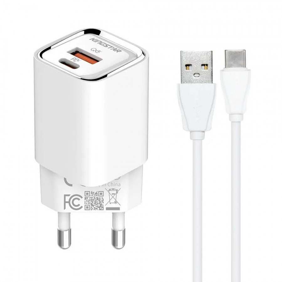 شارژر دیواری KINGSTAR فست شارژ 30 وات مدل KW180PD به همراه کابل TYPE-C