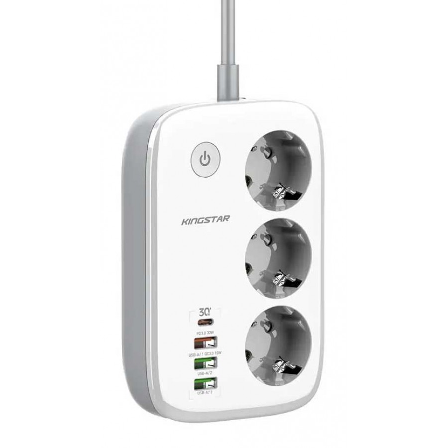 چندراهی برق 3 خانه KINGSTAR فست شارژ 30 وات مدل KPS5170PD طول 2 متر